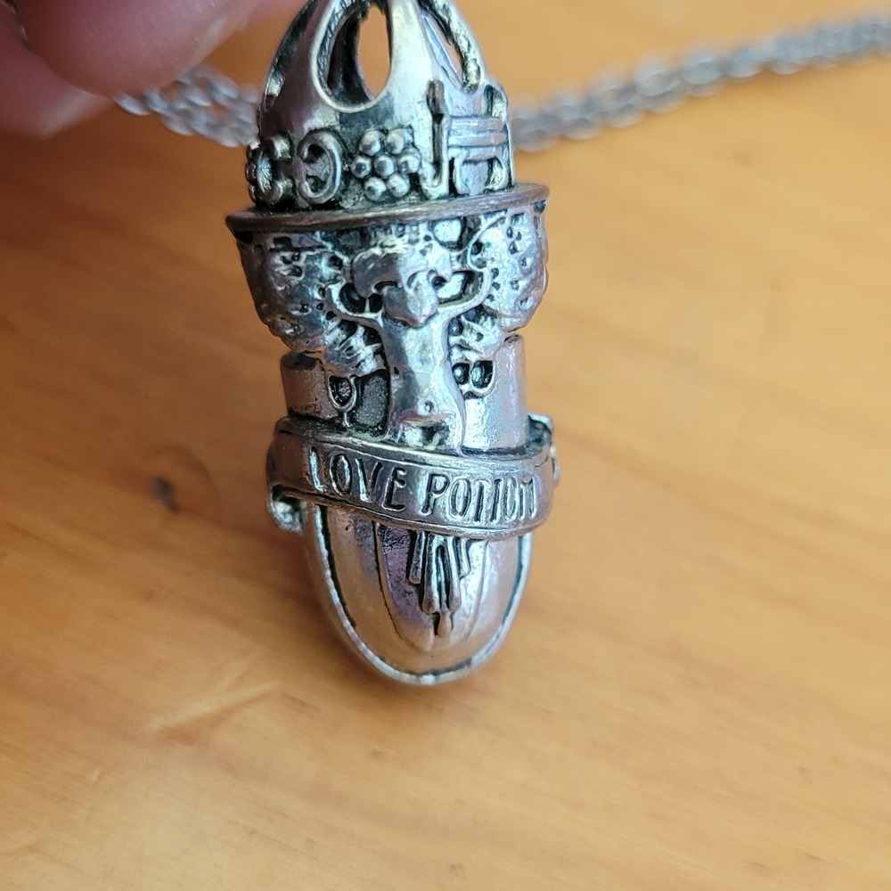 Vintage Silver Tone Love Potion Banner Pendant Necklace Fantasy Goth